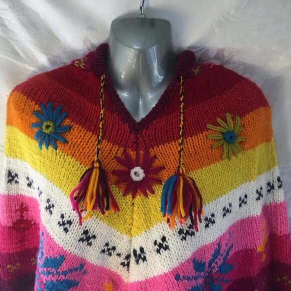 Multicolor Knit Poncho with Fringe - Picture 6 of 16